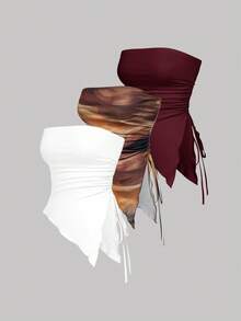 SHEIN MOD 3pcs Women's Retro Asymmetric Hem Bandeau Tops - Burgundy - View 4