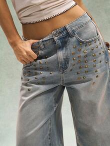 Bohemela Carnival Boho Vacation Valentine's Day Music Festival Casual Y2K Washed Loose Straight Leg Women Jeans, Spring/Summer - Blue - View 1