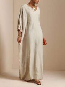 Vesra Women's Casual Vacation Style Solid Color V-Neck Batwing Sleeve Loose Long Dress, Spring/Autumn - Apricot - View 7