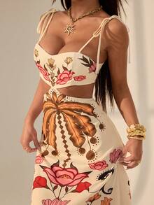 SHEIN PETITE Đầm maxi nữ phong cách Boho nhiệt đới, họa tiết cây dừa và hoa nhiều màu sắc, không tay, thắt eo, thích hợp cho kỳ nghỉ. - Nhiều màu - Xem 7