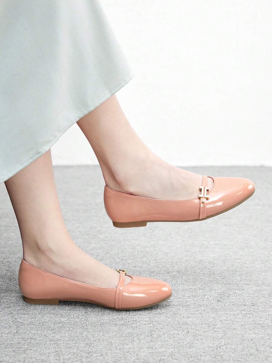 CUCCOO BIZCHIC 优雅时尚舒适的小圆头芭蕾舞女鞋，带搭扣，漆皮平底套脚通勤鞋，女士秋季情人节礼物 - 粉色 - 查看 1