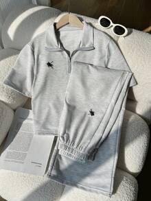 SHEIN 两件套少女休闲连帽衫套装，灰色撞色领拉链短袖露脐卫衣搭配宽松舒适长裤，正面刺绣设计，适合户外、室内、运动、聚会、上学等场合穿着，春夏秋季皆宜。