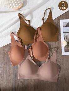 3pcs/Set Seamless Wireless Bras For Women, Solid Color