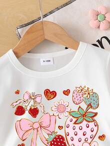 SHEIN GraphicGems 2 件套女婴装，甜美可爱草莓、蝴蝶结、花卉印花短袖 T 恤和红白格子印花短裤套装，适合夏季外出 - 彩色 - 查看 6