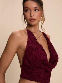 SHEIN BAE Women's Sexy Spring/Summer Vacation Backless Textured Halter Neck Top,Summer Tops ,Valentine's Day Top,Party Top,Weddings & Events,Elegant Women's Blouses,Floral Top, Red Top - Red - View 3