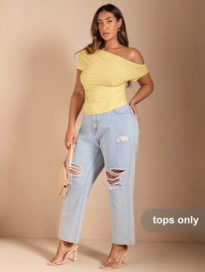 SHEIN BAE Camiseta negra de manga corta con hombro asimétrico para mujer de talla grande, ideal para verano, vacaciones en la playa, festivales de música country, fiestas, vacaciones, conciertos, fiestas de carnaval, festivales, top amarillo mantequilla, festivales rave/rave/festivales