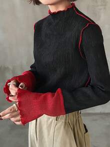 FRIFUL Women's Mock Neck Long Sleeve Fitted Cuff Color Block Splice Edge Wavy Hem Regular Undershirt Outerwear T-Shirt - Black - View 6
