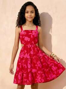 Travachic KIDS Travachic KIDS 青少年女孩夏季度假风格花卉印花露背领口镂空腰部太阳裙，红色连衣裙 - 紅色 - 查看 3