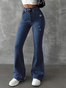 EURMUSE 98%Cotton Zipper Fly Distressed Bell Bottom Jeans - Medium Wash - View 5