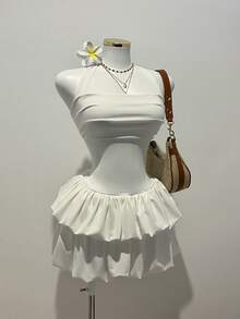 Elamini 女士优雅日常百搭通勤休闲白色短款连衣裙，层叠荷叶边下摆，露背系带蝴蝶结 - 白色 - 查看 7