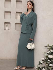 Veilorie Completo elegante da donna composto da top a maniche lunghe con laccio e gonna lunga, in tinta unita - Blu verde acqua - Visualizzare 4