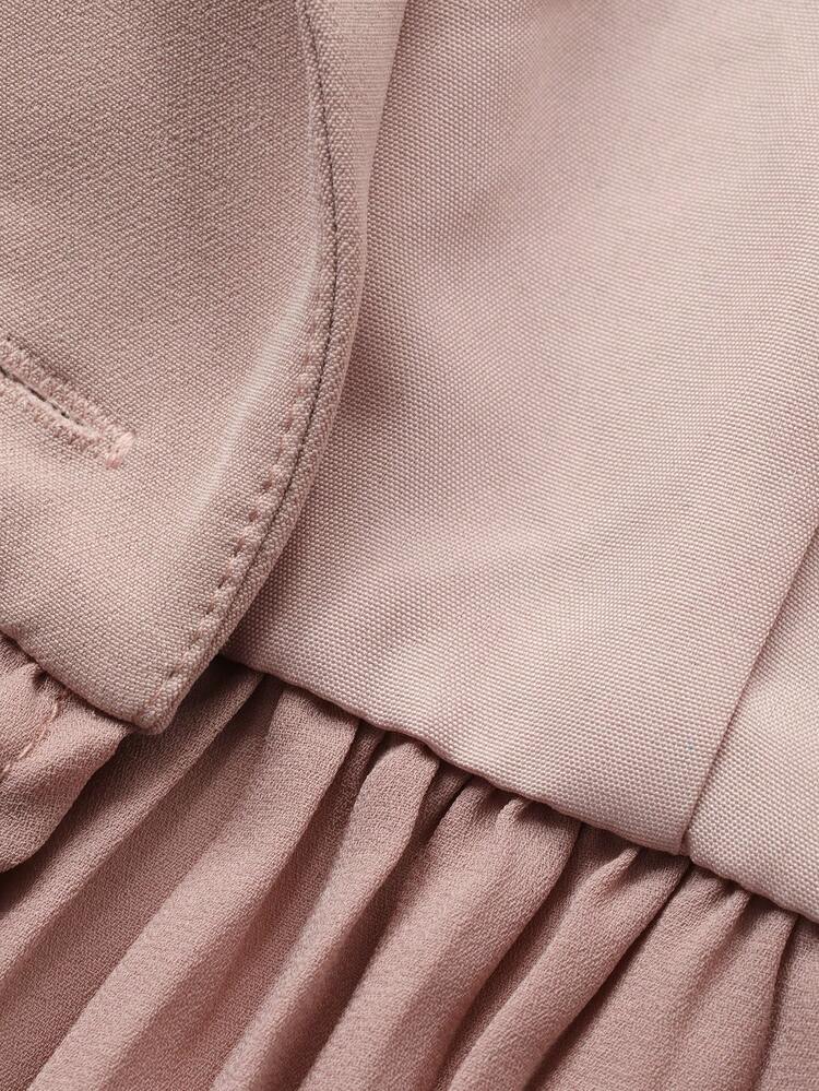 Women's Solid Color Distressed Collar Long Sleeve Double-Breasted Pleated Hem Jacket And Midi Skirt Elegant 2-Piece Set