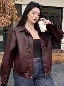Dazy Plus Plus Size Women Solid Color PU Leather Lapel Loose Motorcycle Jacket, Autumn/Winter - Burgundy - View 5