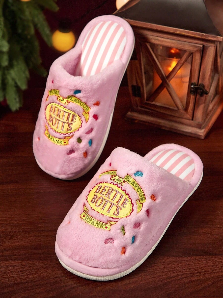 HARRY POTTER X SHEIN Fashionable And Cute Pink Embroidered Every Flavour Beans Women Non-Slip Indoor Slippers Girls Soft Plush Warm Winter House Stripe Shoes Durable Sole, Home Bedroom Air-Conditioned Room Spring Autumn,Gift Ideas - Pink - View 1
