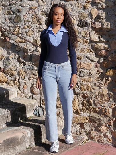 Yess Loren 新款流行欧美街头风格简约日常通勤休闲低腰直筒女士牛仔裤