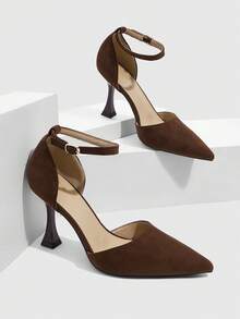 CUCCOO SZL Giày cao gót nữ có khóa điều chỉnh, chất liệu giả da lộn, mũi nhọn cao 9cm, kiểu dáng thanh lịch, đế phản quang, màu nâu, thoải mái và năng động, phù hợp cho đi làm/đi chơi/dự tiệc/giày công sở nữ. - màu nâu - Xem 2