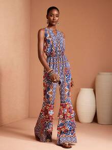 JIAN LASALA All-Over Print Button Front Sleeves Elastic Waist Layered Ruffled Long Jumpsuit Women Casual - Multicolor - View 1
