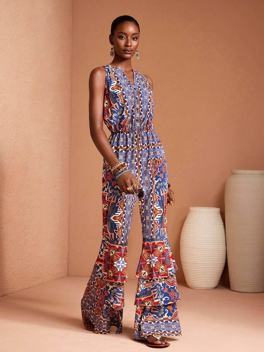 JIAN LASALA All-Over Print Button Front Sleeves Elastic Waist Layered Ruffled Long Jumpsuit Women Casual - Multicolor - View 1