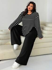 Solflare 两件套女士加大码休闲黑白条纹印花宽松圆领T恤和直筒裤，黑色套装，女士冬季服装，女士冬季套装，女士新年装，新年套装，春季套装 - 彩色 - 查看 5