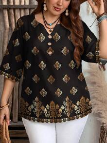 EMERY ROSE Lässiges minimalistisches goldenes Blume Muster Shirt in Große Größen mit V-Ausschnitt, schwarzes Top