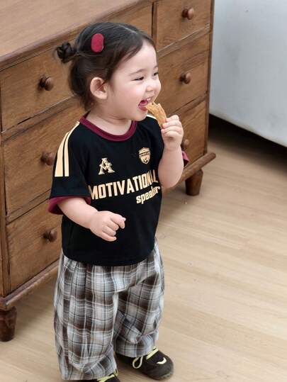 DAZY Toddler Girls' Round Neck Contrast Color Korean Style English Letter Print Casual Street Wear Top