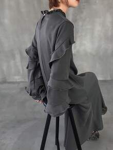 FRIFUL Women's Layered Ruffle Collar Loose Long Dress Sundress - Grey - View 2