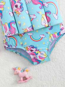 Baby Girls BeachwearCute And Conservative, Light Blue, Cartoon Unicorn Print, Knitted Fabric, Strap-Style Bodysuit With Shoulder Straps And Frills. One-Piece Strap Triangle Pant. Stylish, Casual, Elegant, Suitable For Swimming, Perfect For Summer Vacations, Beaches, The Sea, Pools, And Summer Parties Leisure And Vacation. Unicorn Bathing Suit Swimwear For 2 Years Old Girl Unicorn Swimsuit Toddler Childrens Swimsuits Toddler Swimsuit Rainbow Toddler Unicorn Bathing Suit Toddler Swim Dress - Blue - View 6