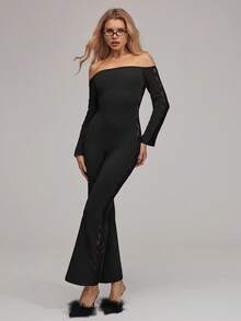 HautHeat Women's Contrast Lace Off-Shoulder Long Sleeve Jumpsuit Loungewear - Black - View 5