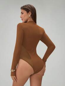 SHEIN Tall Women's Fashion Sheer Mesh Patchwork Long Sleeve Bodysuits - Khaki - View 2