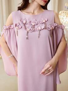 Al Najma Elegant & Modest 3D Floral Off-Shoulder Arabic Style Dress For Women Pink Dress For Women 3d Flower Dress Luxury Dress - Pink - View 3