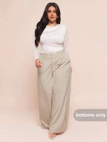 SHEIN BAE 大码女装秋冬时尚大码女装优雅约会纯色简约休闲日常裤装，黑色长裤，女裤，教师裤，商务女装，秋季女装，双层腰带设计，阔腿裤 - 杏色 - 查看 3