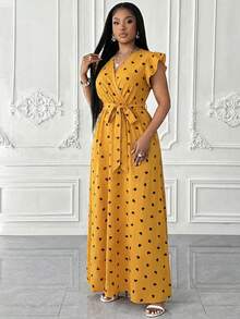 Maweii Plus Size Women V-Neck Waist Flare Dress, Butterfly Sleeve With Belt, Black And White Vertical Striped Dress - Yellow - View 5