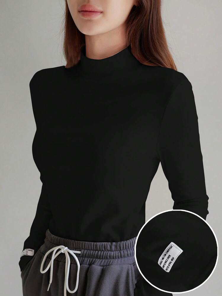 Women's Solid Color Stand Collar Raglan Sleeve Fitted Breathable T-Shirt Long Sleeve
