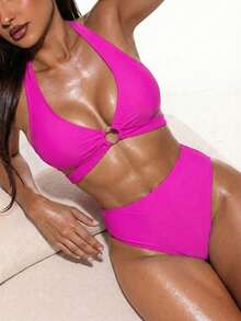 Swim Basics 畅销款挂脖系带比基尼套装，黑色，沙滩度假，海滩泳装，派对装 - 玫紅色 - 查看 1