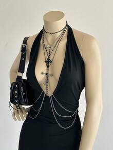 EgrlEra Sexy Deep V-Neck Chain Decor Dark Punk Style Mini Dress For Women - Black - View 5