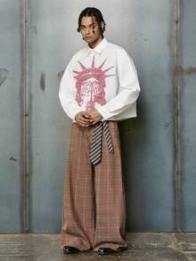 PAVTROS 男士休闲自由女神像印花衬衫，秋季男士街头服饰男士图案衬衫，男士印花衬衫 - 白色 - 查看 5