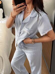 SHEIN Napfluff Ruffled Striped Floral Trim Cardigan Women Pajama Set - Blue and White - View 6