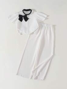 Maija Kids Maija Kids 2pcs/Set Tween Girl Contrast Color Bow Round Neck Short Sleeve Top And Elastic Waist Pants - Black and White - View 6