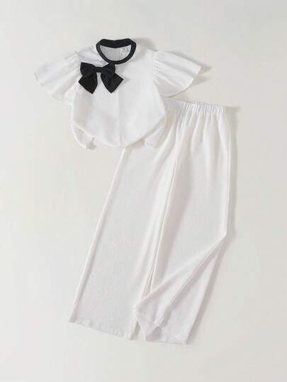 Maija Kids Maija Kids 2pcs/Set Tween Girl Contrast Color Bow Round Neck Short Sleeve Top And Elastic Waist Pants