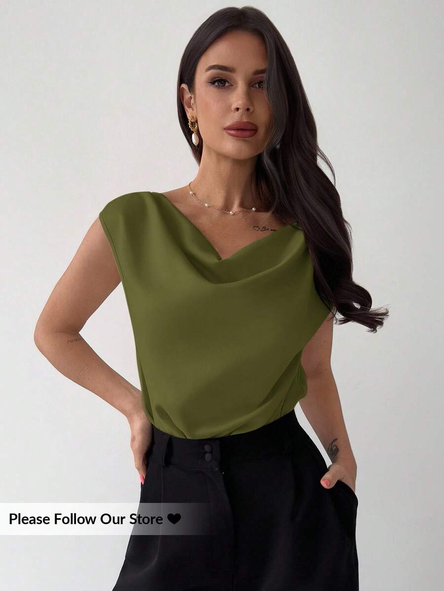 Firerie 优雅不对称荷叶边领无袖缎面连体衣，杏色，简约设计，适合约会、通勤和办公穿着，时尚别致 - 綠色 - 查看 1