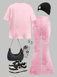 2 pezzi/set Maglietta a maniche corte con collo rotondo e pantaloni a zampa per ragazze pre-adolescenti, vestibilità morbida e casual, adatto per l'autunno - Bianco - Visualizzare 2