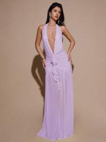 SHEIN BAE 性感简约纯色黄色奶油色深V领露背修身褶皱网纱长款连衣裙，适合派对、鸡尾酒会、正式场合、伴娘、生日、圣诞节、商务休闲等场合，优雅女装 - 淡紫色 - 查看 5