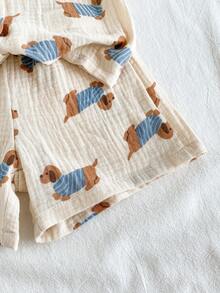 SHEIN Vintaside Kids Baby Boy Short Sleeve Textured Fabric Sausage Dog Graphic Casual T-Shirt Set - Apricot - View 7