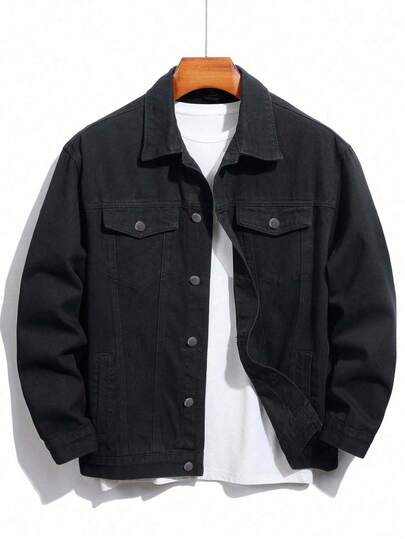 Manfinity Homme Plus Size Men's Casual Washed Denim Jacket Black Jean Jacket Men