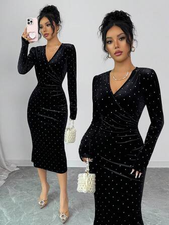 Rafferiza Women's Elegant Rhinestone Overlap Collar Velvet Dress, Autumn/Winter