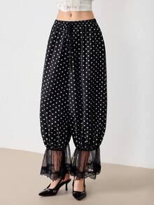European And American Fashion New Spring/Autumn Casual Lantern Pants, Elastic Waist, Lace Hem Design, Simple Versatile Retro Polka Dot Design Women Trousers - Black and White - View 1