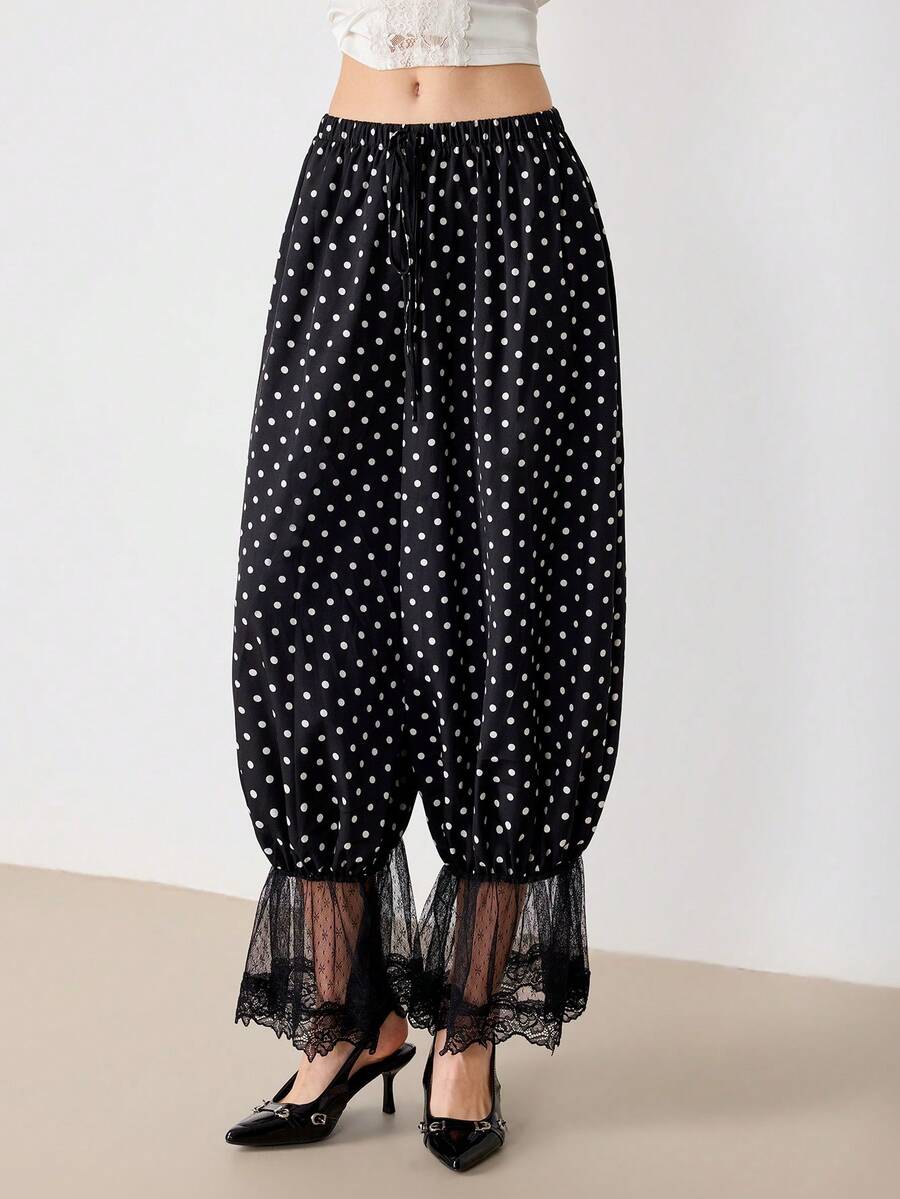European And American Fashion New Spring/Autumn Casual Lantern Pants, Elastic Waist, Lace Hem Design, Simple Versatile Retro Polka Dot Design Women Trousers - Black and White - View 1