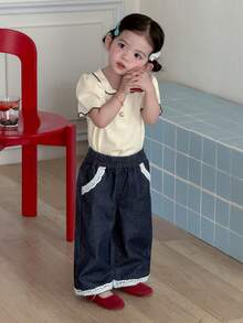 DAZY Toddler Girls' Lace Patchwork Loose Casual Wide Leg Washed Denim - Dark Wash - View 6