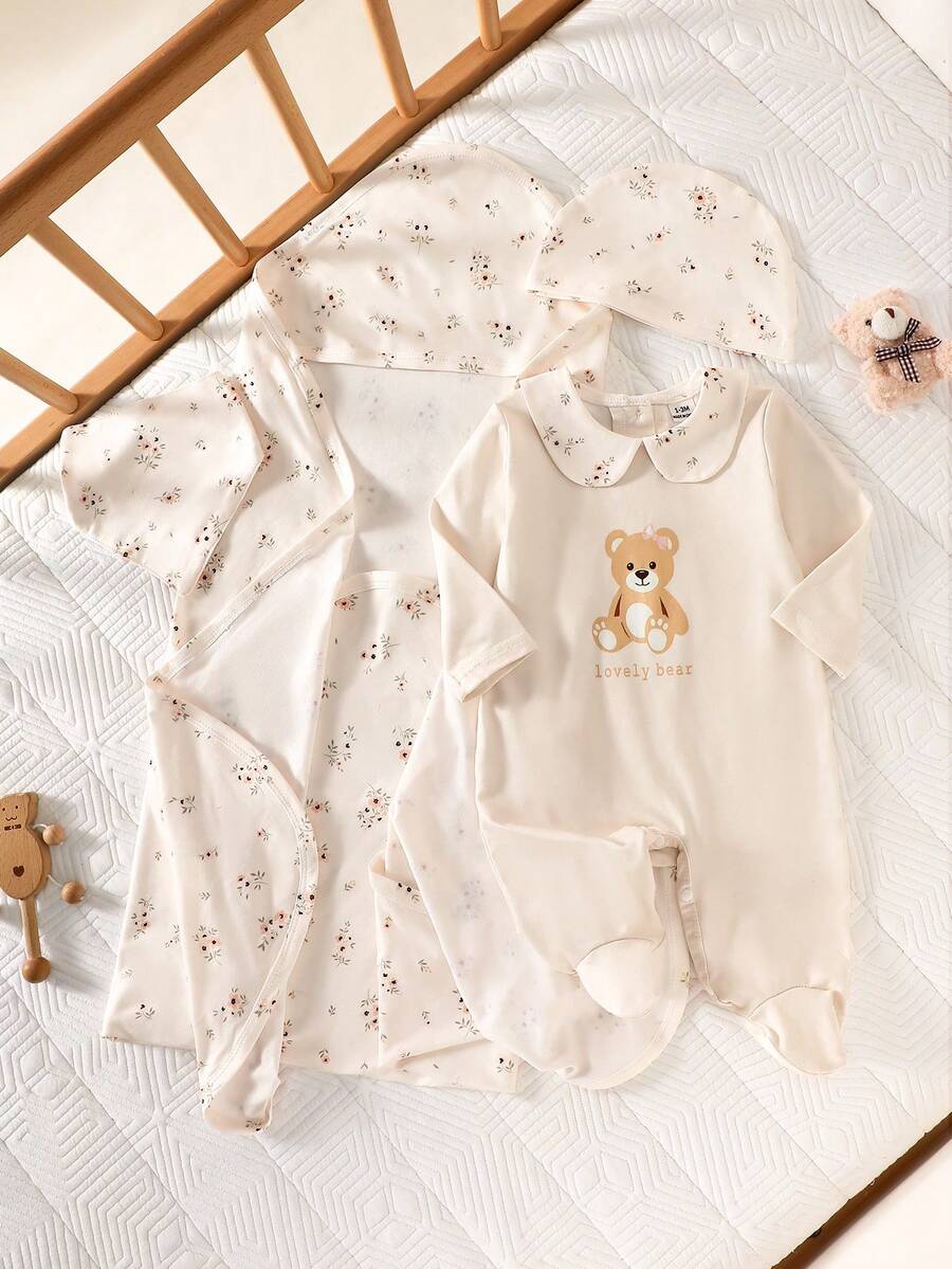 SHEIN 4件套爱心熊碎花连体衣套装 - 米色 - 查看 1