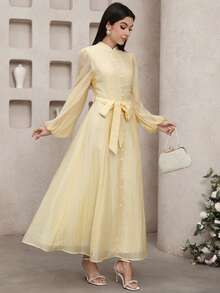 Veilorie Elegantes Damenkleid mit einfarbigem Stehkragen, Perlenverzierung, Ballonärmeln und Selbstbindegürtel - Hellgelb - Übersicht 6